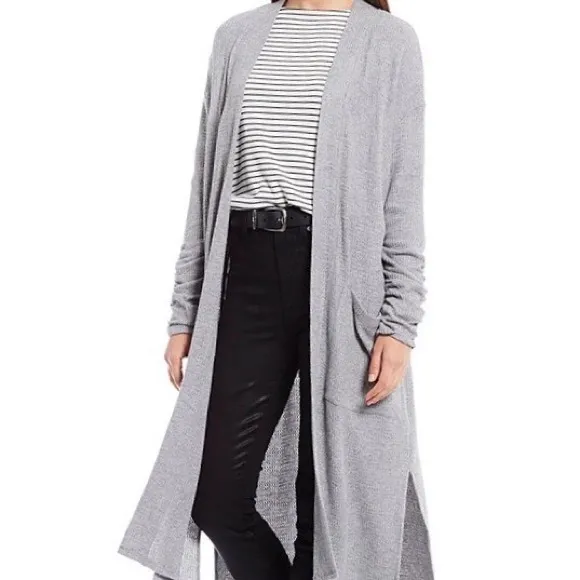 1. STATE Ruched Sleeve Waffle Knit Maxi Cardigan