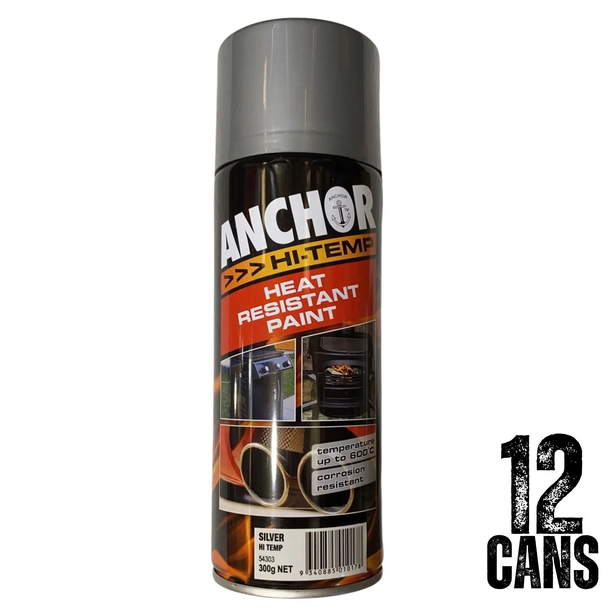 12 Cans | ANCHOR Hi Temp Heat Resistant Paint Up to 600° 54303 | 300g - SILVER