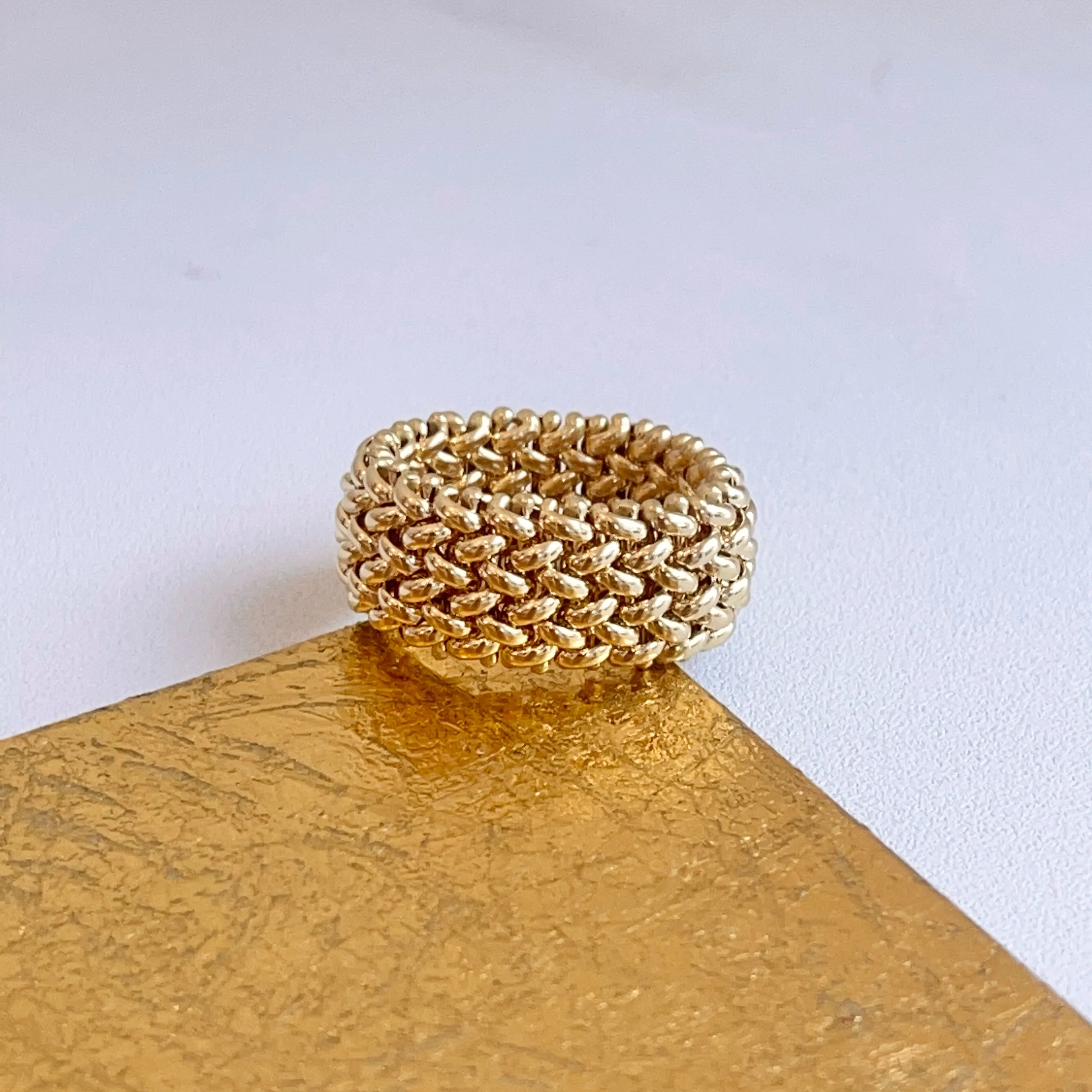 14KT Yellow Gold Mesh Weave Flexible Cigar Band Ring