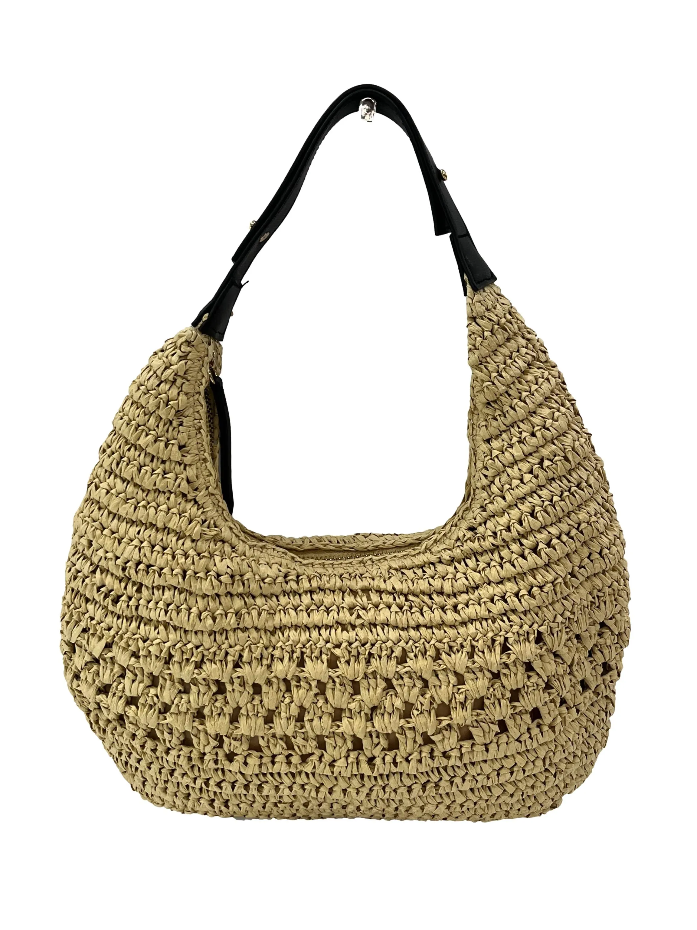Beige Woven Hobo Bag