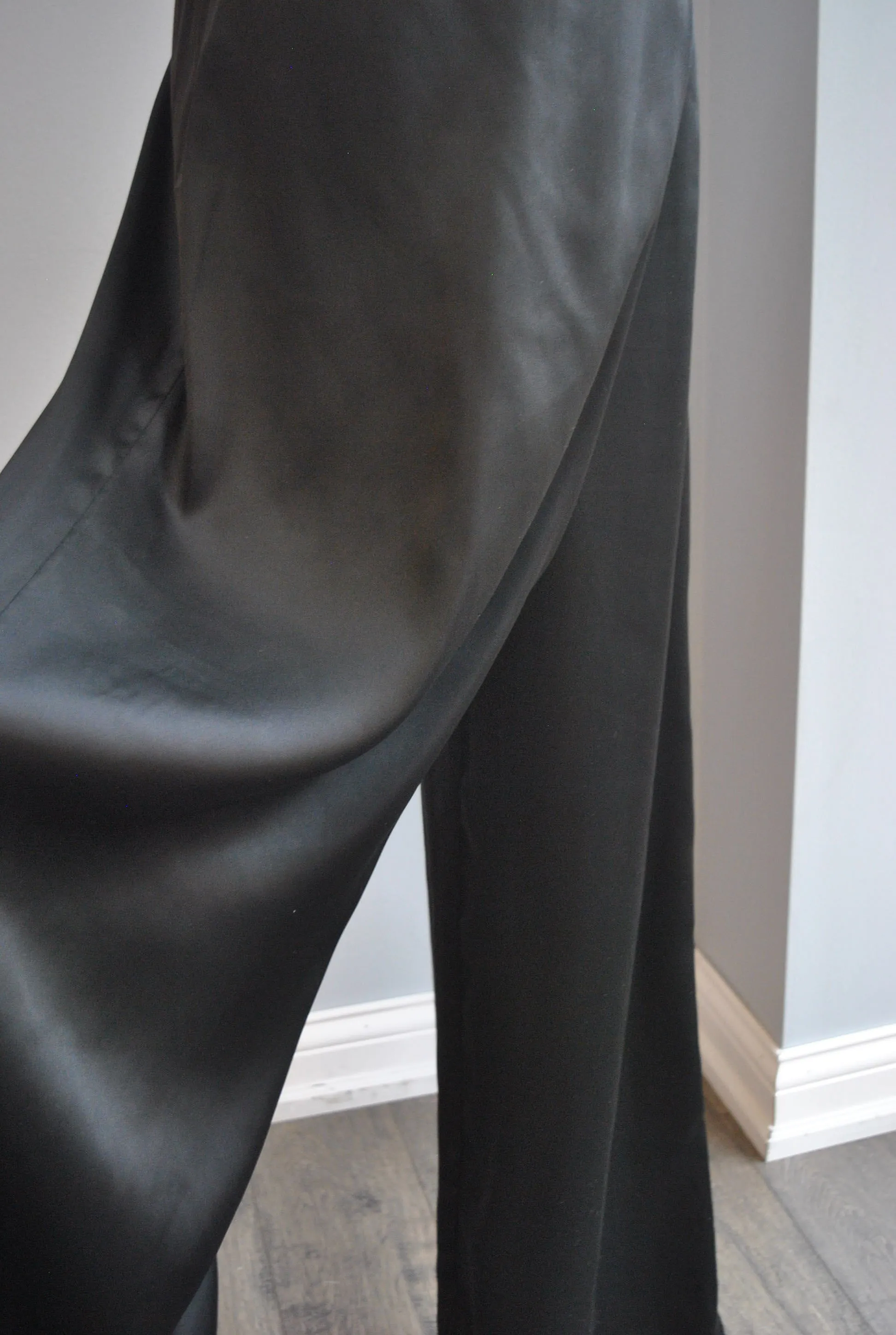 BLACK PALAZZO SILKY FLAIR HIGH WAISTED PANTS