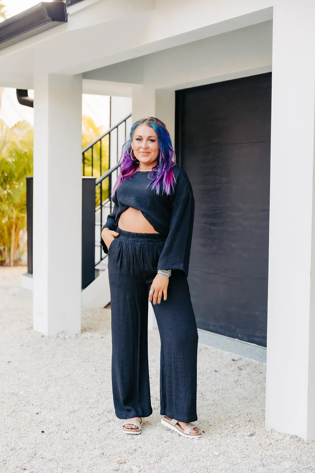 Black Woven Mom Crop Shirt