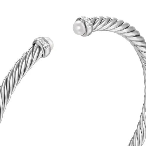 Cablespira Flex Bracelet in Sterling Silver with Pearls and Diamonds, 4mm, Size Small