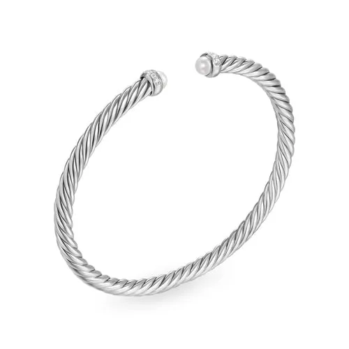 Cablespira Flex Bracelet in Sterling Silver with Pearls and Diamonds, 4mm, Size Small