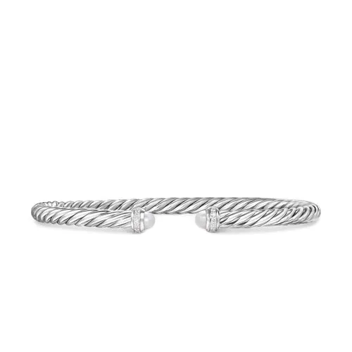 Cablespira Flex Bracelet in Sterling Silver with Pearls and Diamonds, 4mm, Size Small