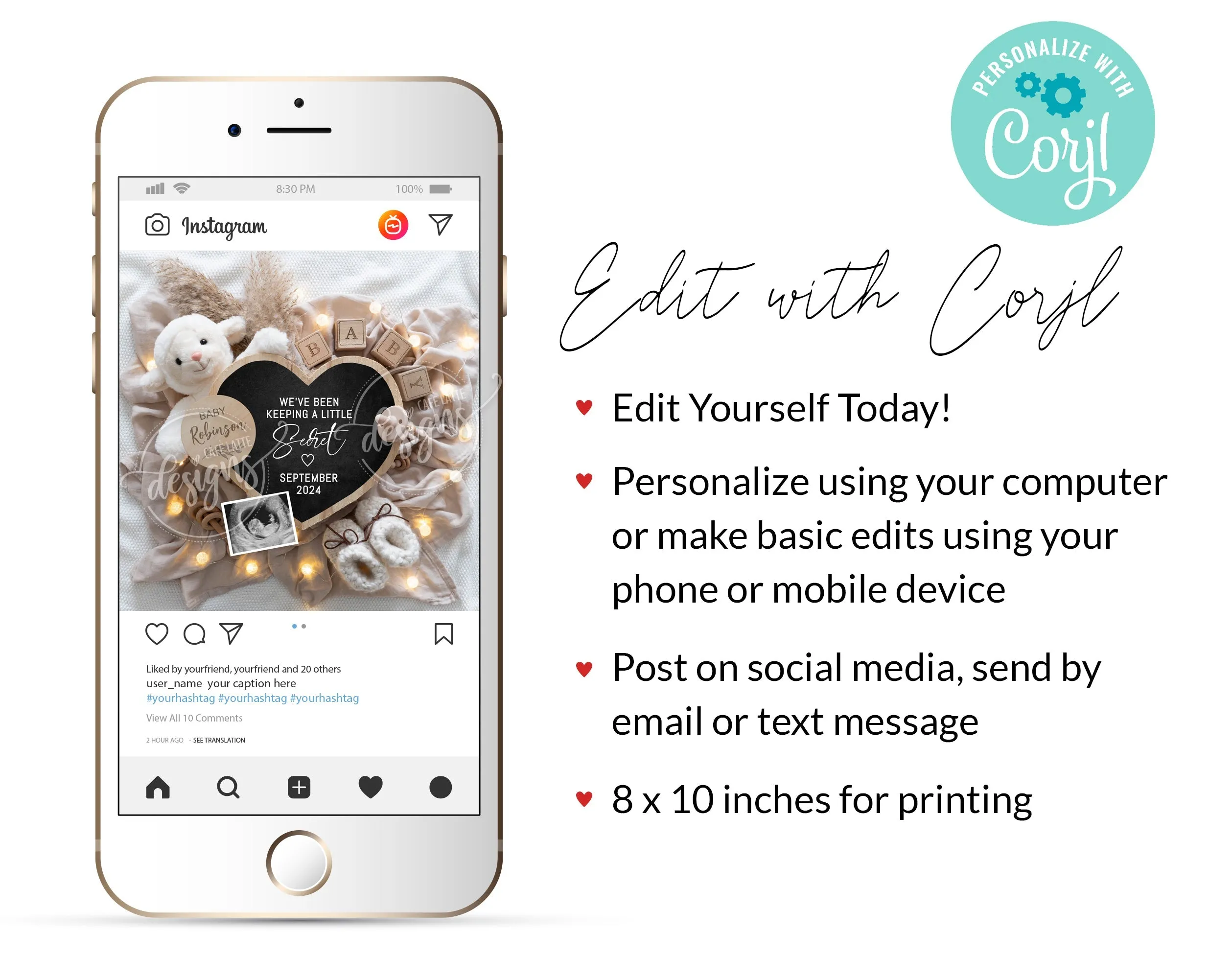 Christmas Digital Baby Announcement - Heart Santa