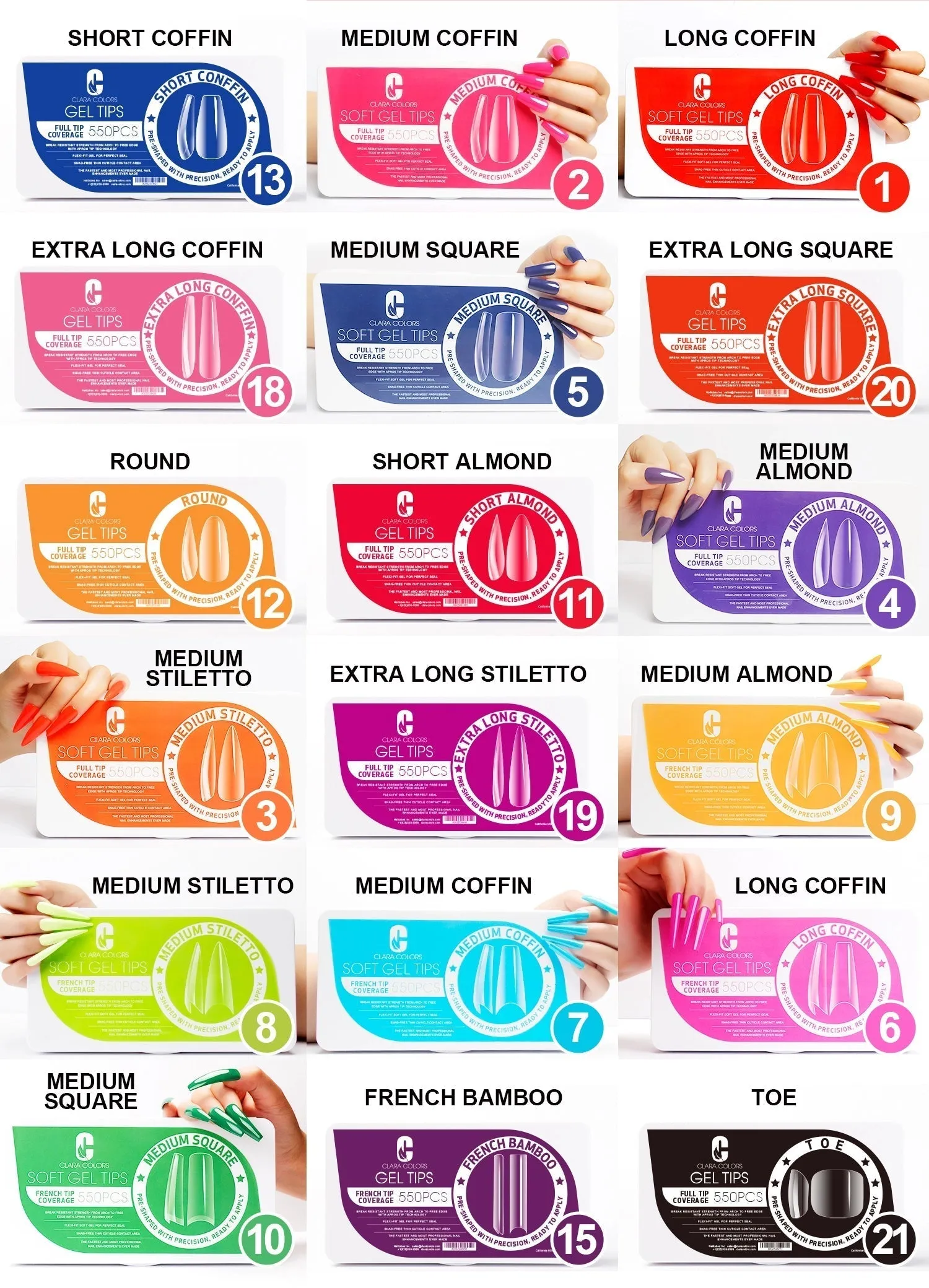Clara Color - Full Cover Gel Tips - #19 Extra Long Stiletto 550pcs