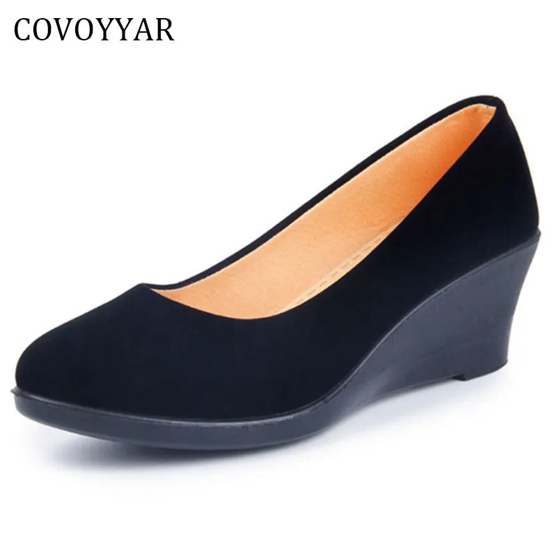 COVOYYAR 2018 Wedge Women's Shoes Spring Autumn Flock Soft Women Pumps Slip On Casual Black Shoes Plus Size 40 WHH562
