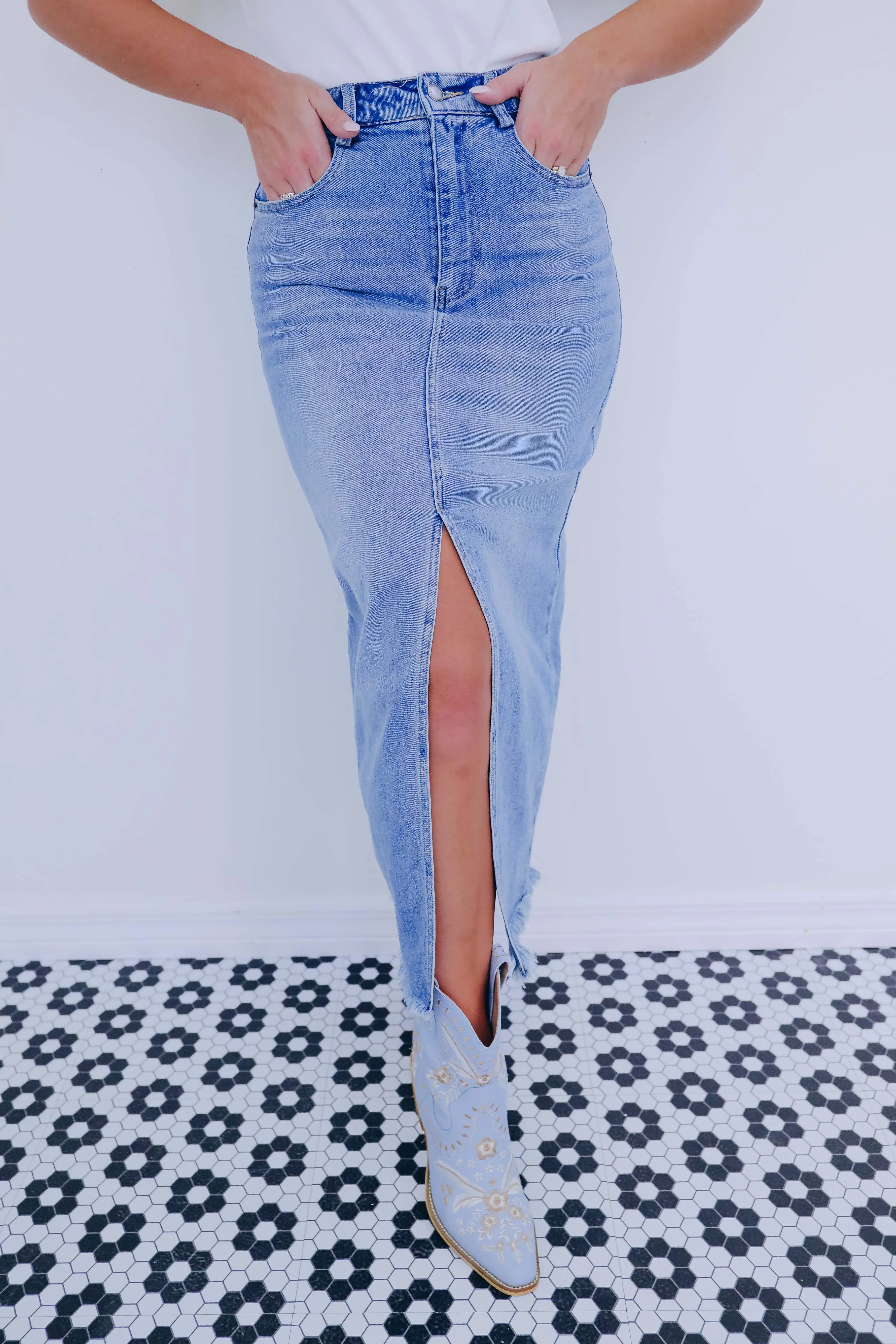 Dana Denim Front Slit Maxi Skirt