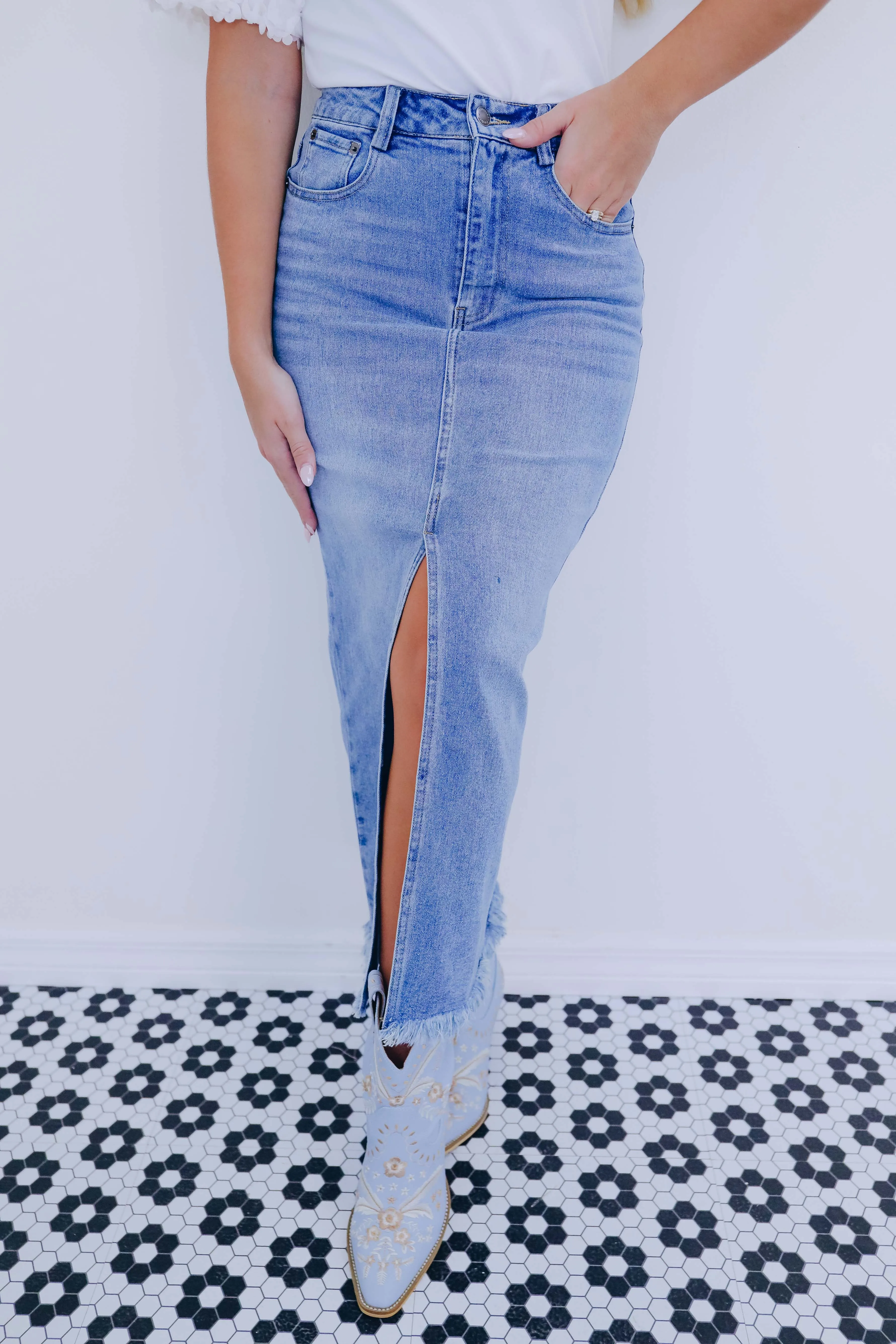 Dana Denim Front Slit Maxi Skirt