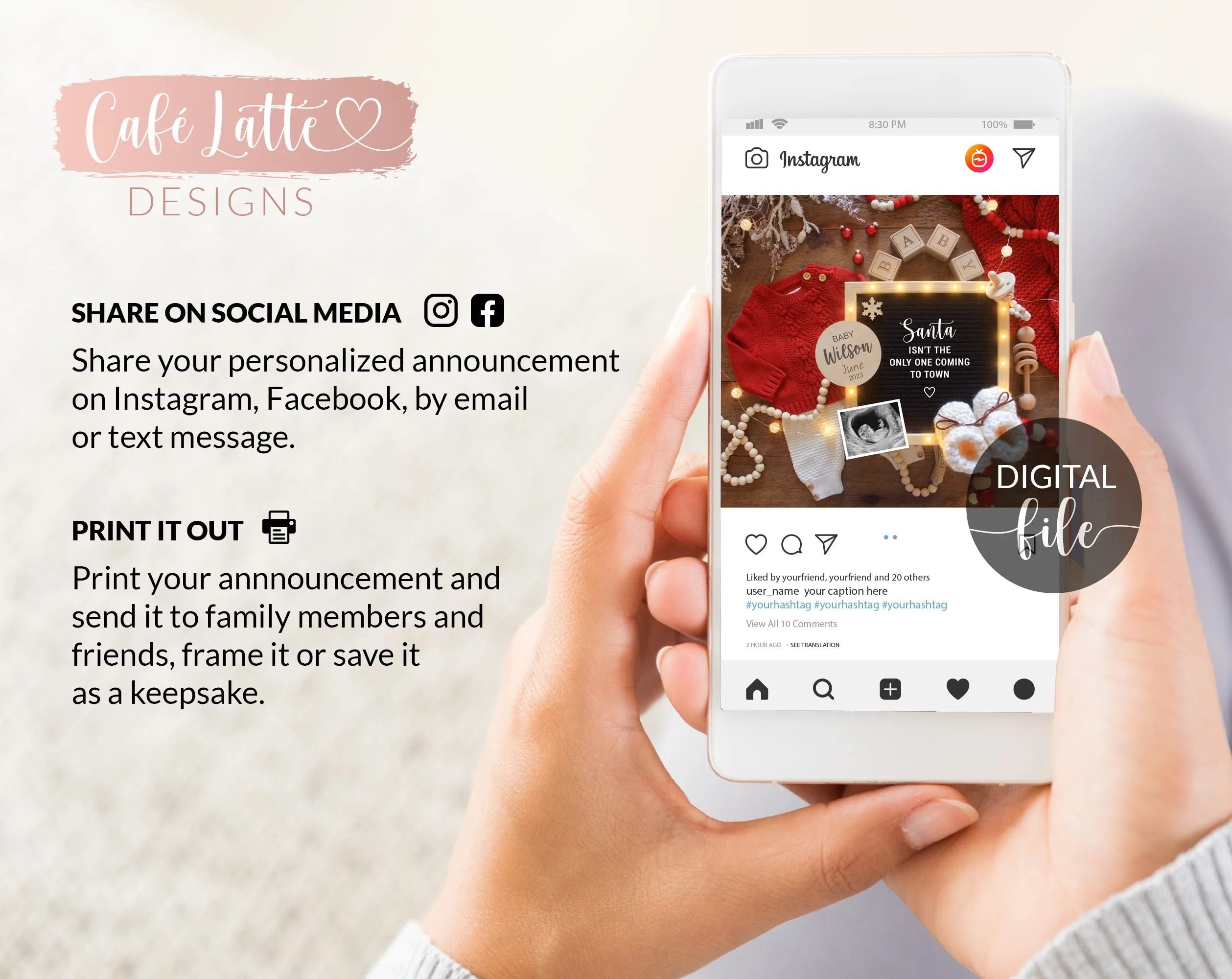 Digital Christmas Pregnancy Announcement For Social Media, Rustic Boho Santa Winter Baby, Tiny Gift For Christmas, Reason To Be Merry Reveal