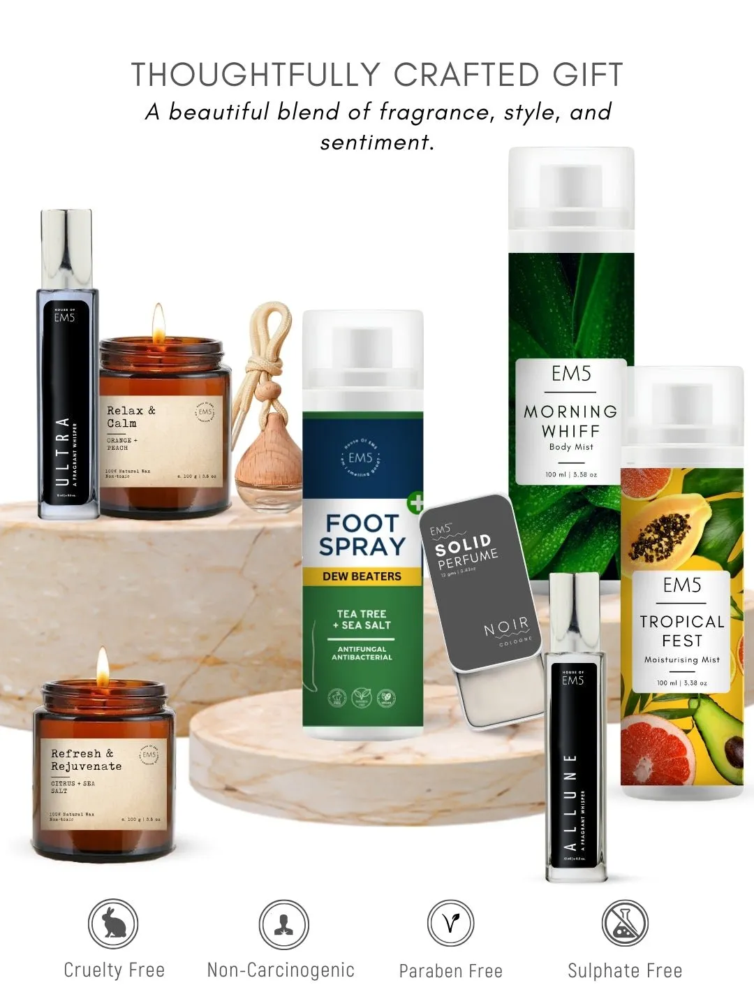 EM5™ Gift Hamper for Friends | Premium Gift Set | 2 x Scented Candles, 1 x Car Perfume, 2 x 15 ml Perfume Spray, 2 x Body Mists, 1 x Solid Perfume, 1 x Foot Spray | Luxury Pack for Him, Her & Loved Ones
