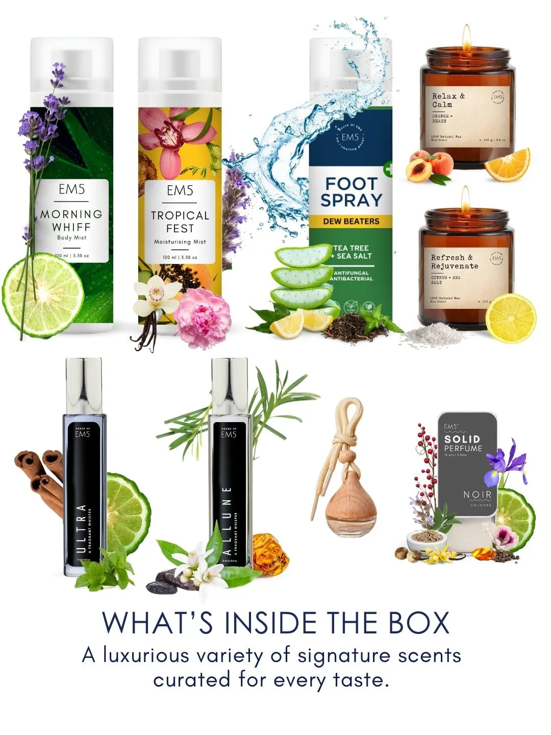 EM5™ Gift Hamper for Friends | Premium Gift Set | 2 x Scented Candles, 1 x Car Perfume, 2 x 15 ml Perfume Spray, 2 x Body Mists, 1 x Solid Perfume, 1 x Foot Spray | Luxury Pack for Him, Her & Loved Ones