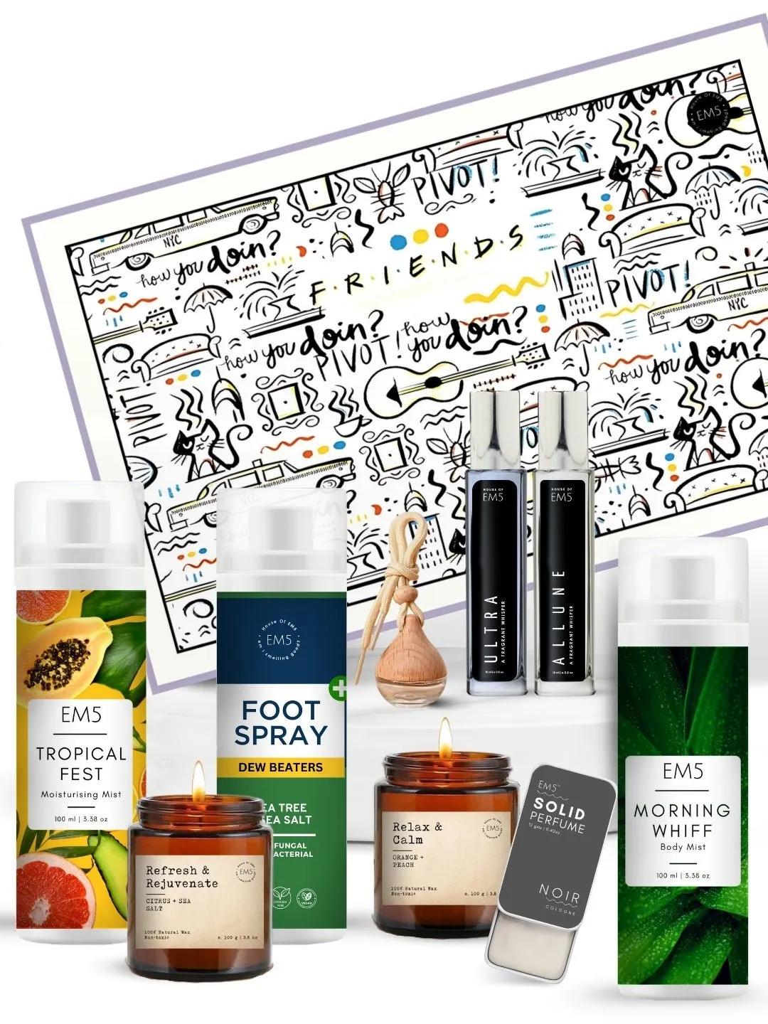 EM5™ Gift Hamper for Friends | Premium Gift Set | 2 x Scented Candles, 1 x Car Perfume, 2 x 15 ml Perfume Spray, 2 x Body Mists, 1 x Solid Perfume, 1 x Foot Spray | Luxury Pack for Him, Her & Loved Ones