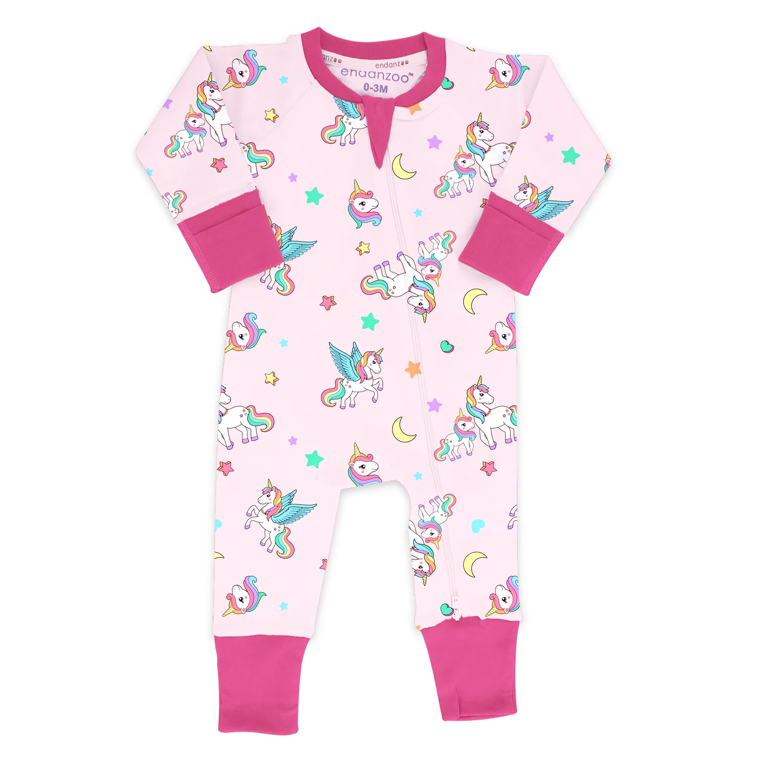 Endanzoo Organic Long Sleeve Double Zippered Romper - Rainbow Unicorns