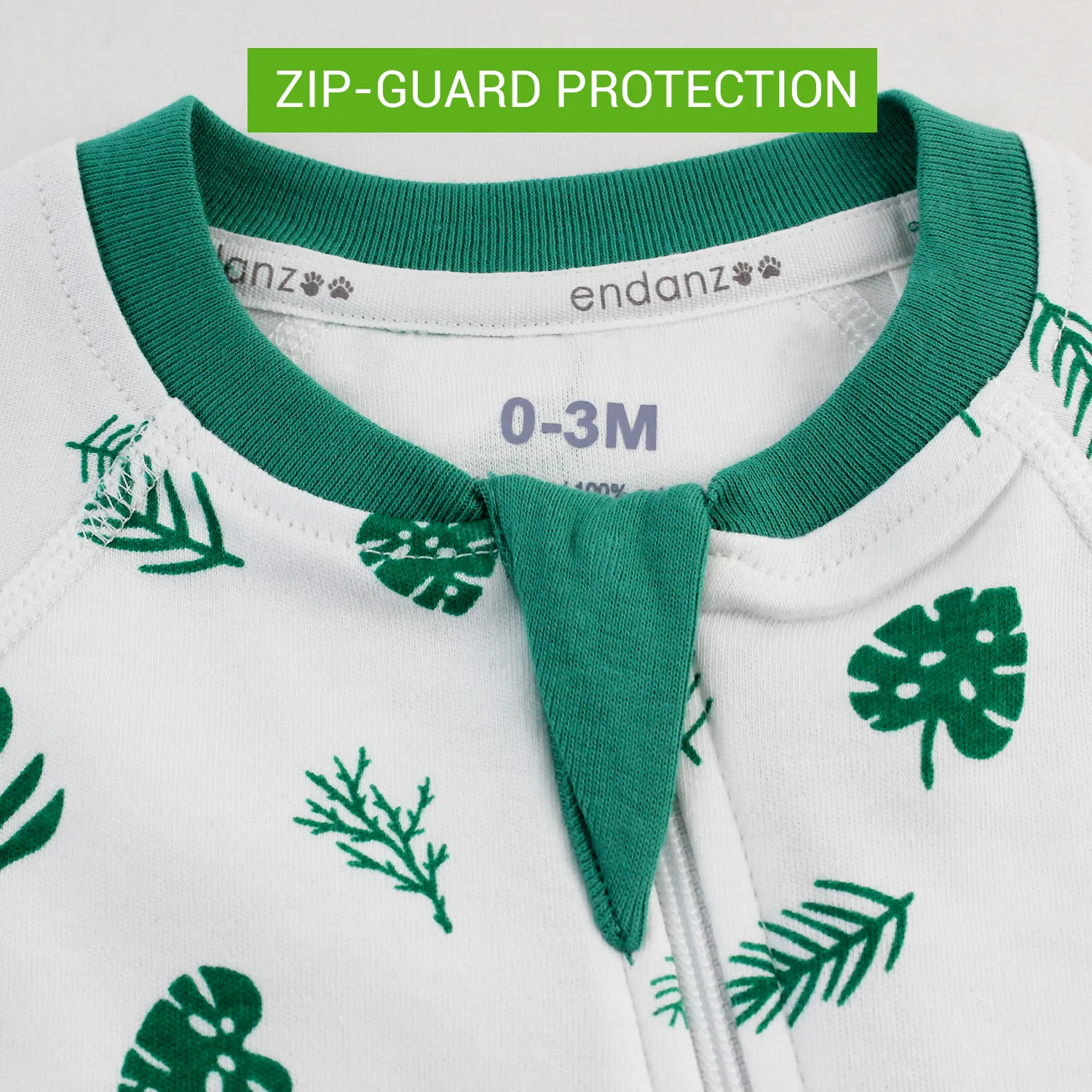 Endanzoo Organic Long Sleeve Double Zippered Romper-Tropical Leaves