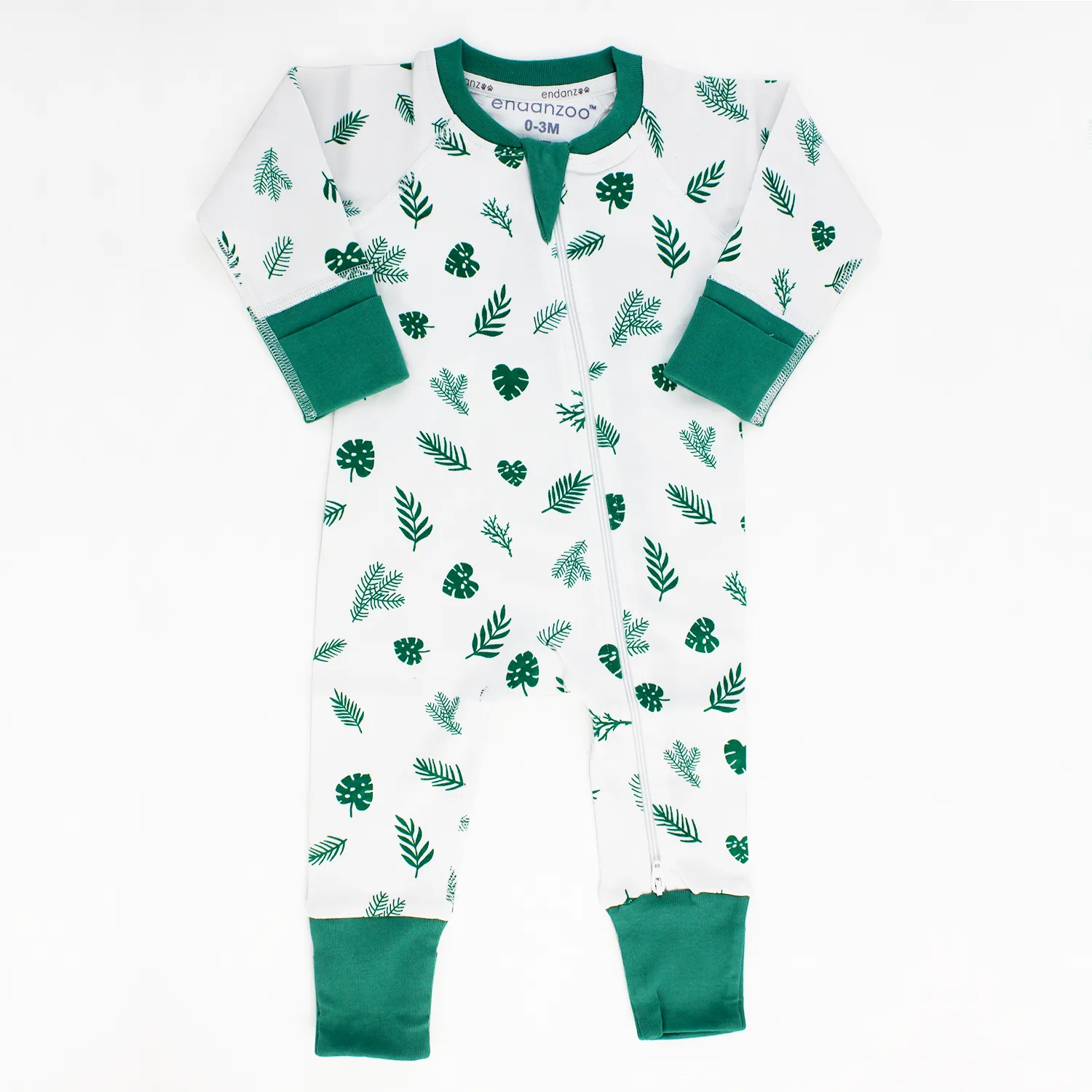 Endanzoo Organic Long Sleeve Double Zippered Romper-Tropical Leaves