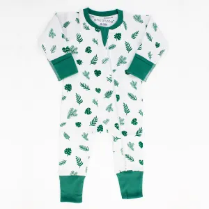 Endanzoo Organic Long Sleeve Double Zippered Romper-Tropical Leaves