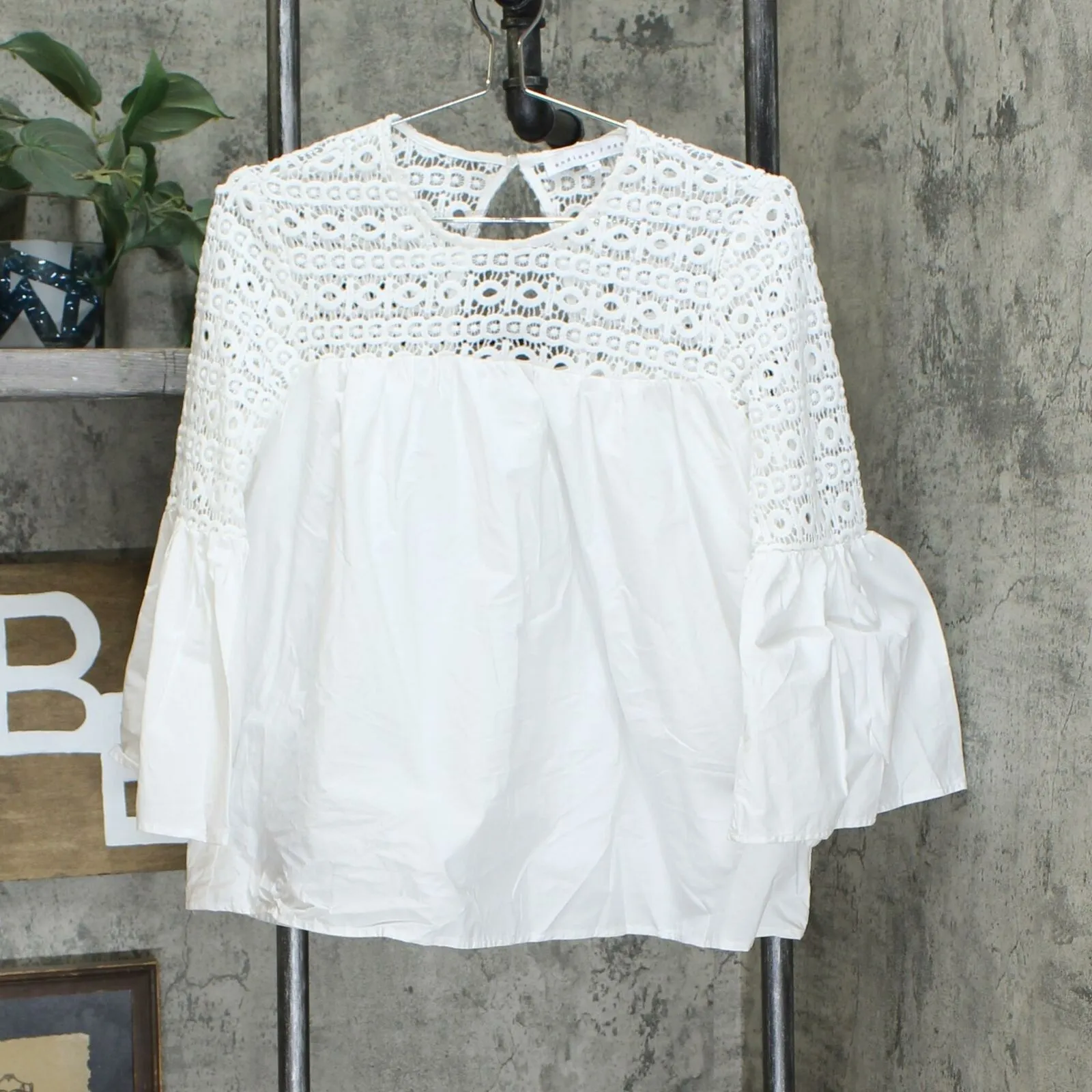 Endless Rose Womens Louvre Lace-Inset 3/4 Sleeve Blouse Top White Small
