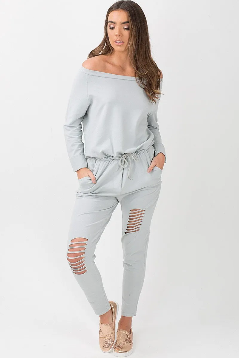 Grey Bardot Distressed Jumpsuit - Bethan