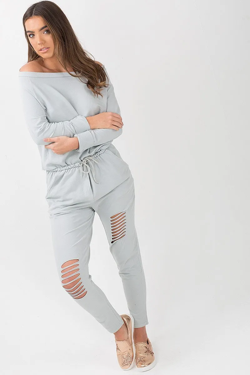 Grey Bardot Distressed Jumpsuit - Bethan