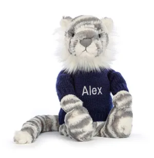 Jellycat Bashful Snow Tiger With Personalised Navy Jumper