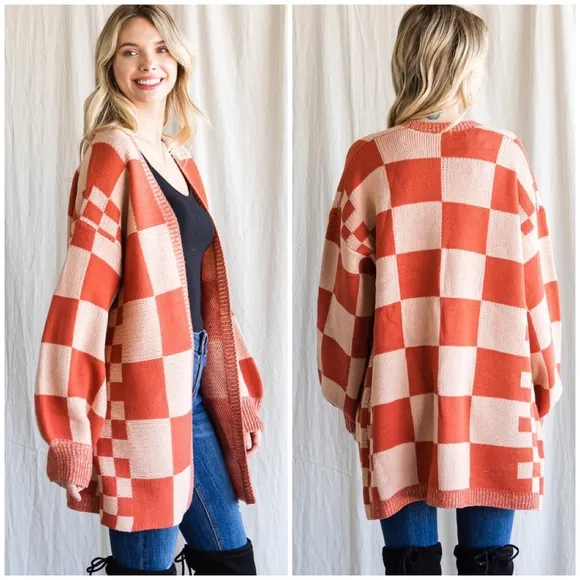 JODIFL Oversized Checkered Rust Open Cardigan