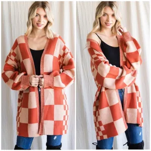 JODIFL Oversized Checkered Rust Open Cardigan