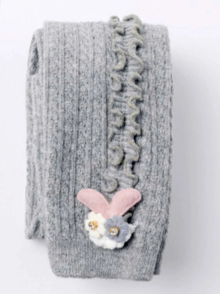Light Grey Flower Frills Bunny Footless Girls Tights/ Leggings