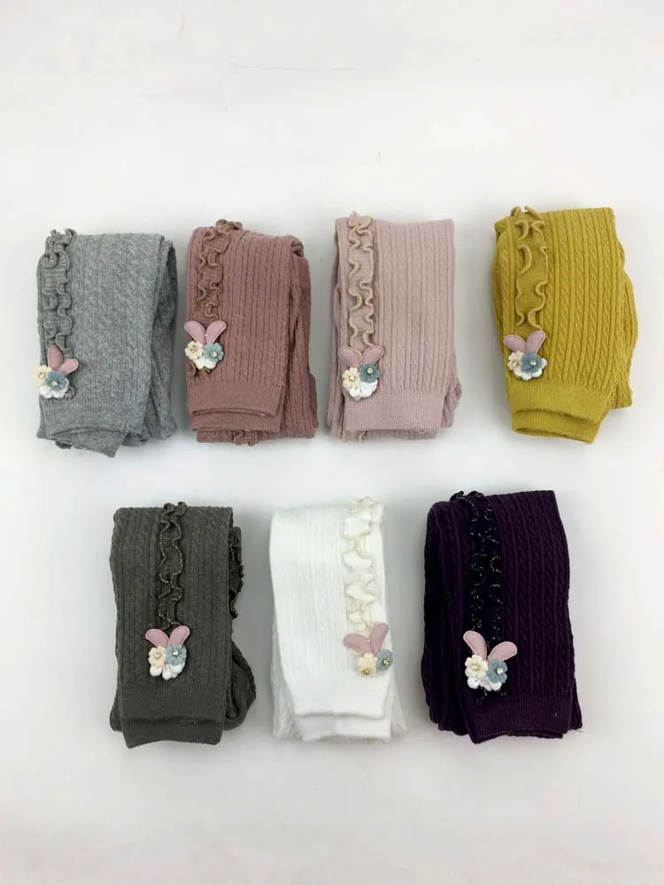 Light Grey Flower Frills Bunny Footless Girls Tights/ Leggings