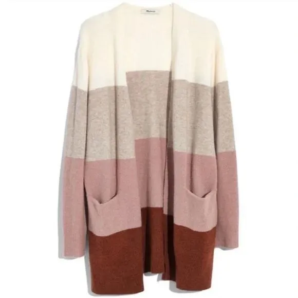 Madewell Wool Alpaca Color Block Duster Cardigan Mauve Ivory Brown Cozy size XL
