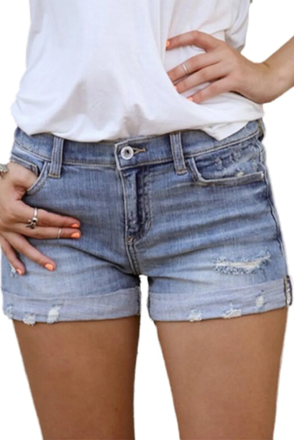 Mid Rise Distressed Denim Shorts