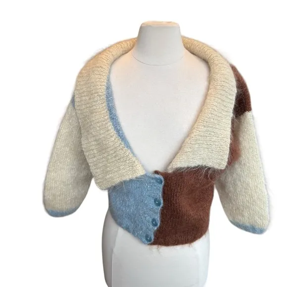 Mohair Cardigan Sweater Handmade Cropped Colorblock Sz Medium 3/4 Sleeve