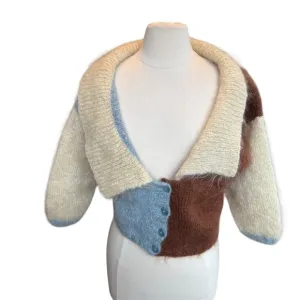 Mohair Cardigan Sweater Handmade Cropped Colorblock Sz Medium 3/4 Sleeve
