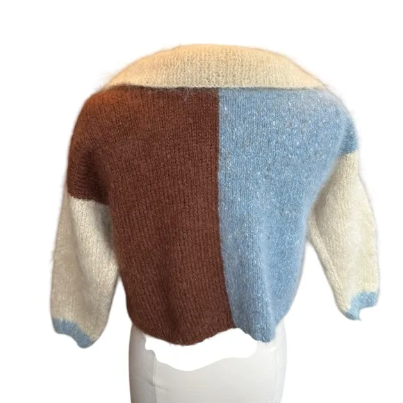 Mohair Cardigan Sweater Handmade Cropped Colorblock Sz Medium 3/4 Sleeve