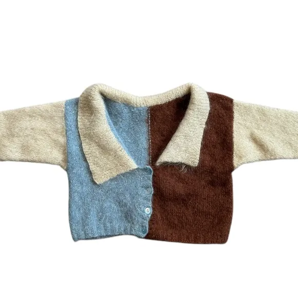 Mohair Cardigan Sweater Handmade Cropped Colorblock Sz Medium 3/4 Sleeve
