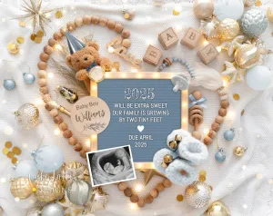 New Years Baby Boy Digital Gender Reveal - Bear - Heart Blue Ornaments - Poem