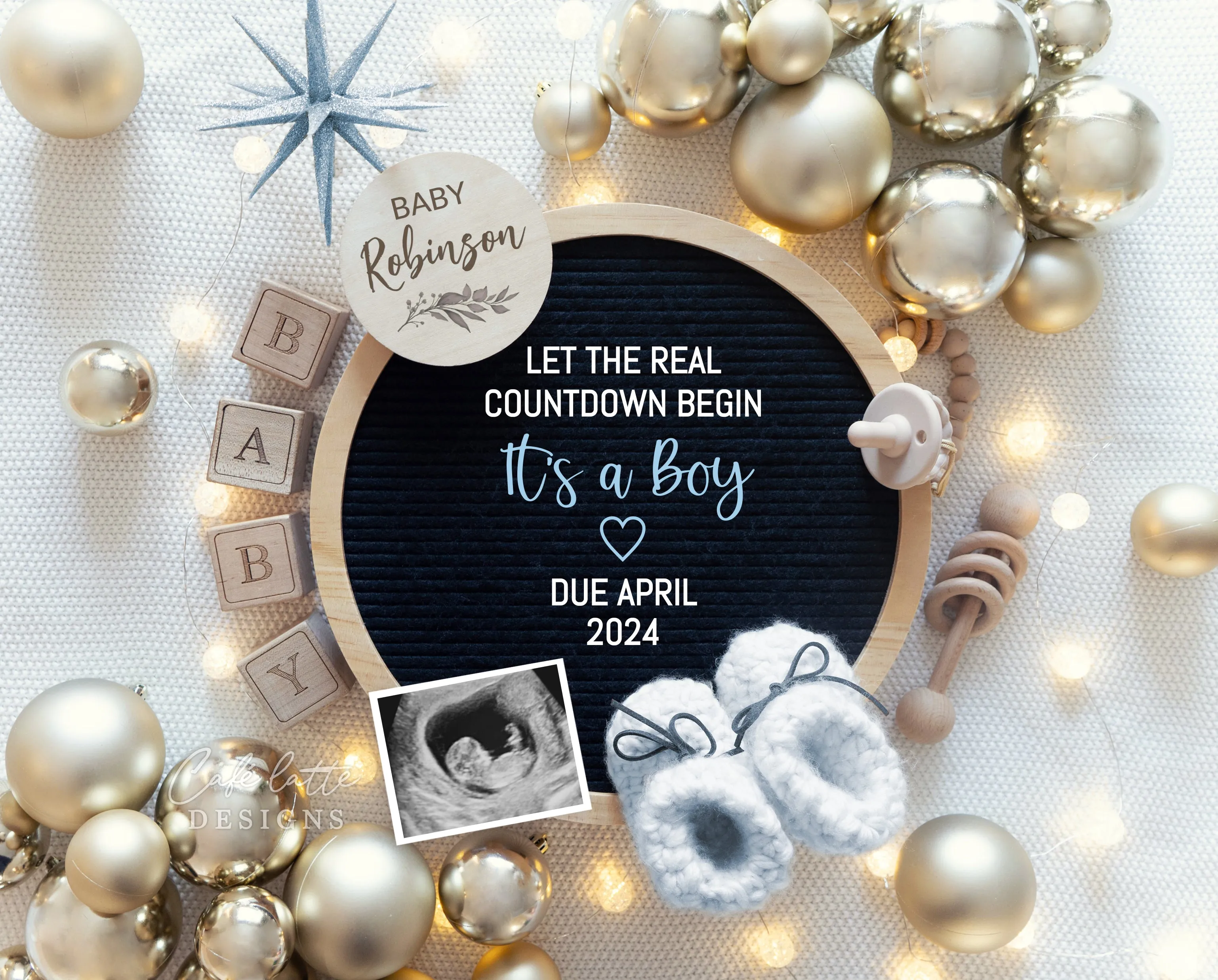 New Years Baby Boy Digital Gender Reveal - Gold Ornaments - Countdown