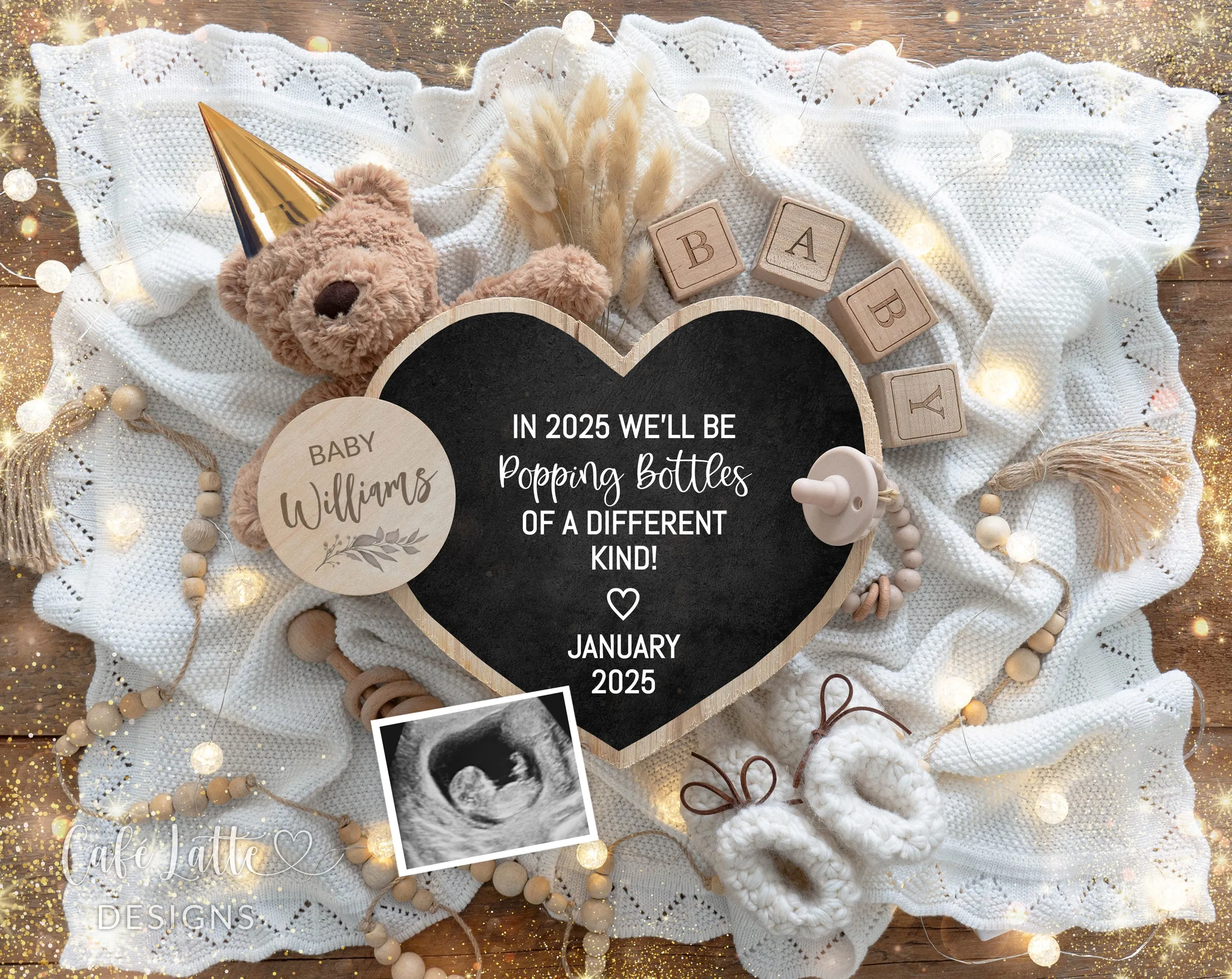 New Years Digital Baby Announcement - Bear Gold Hat Bottles