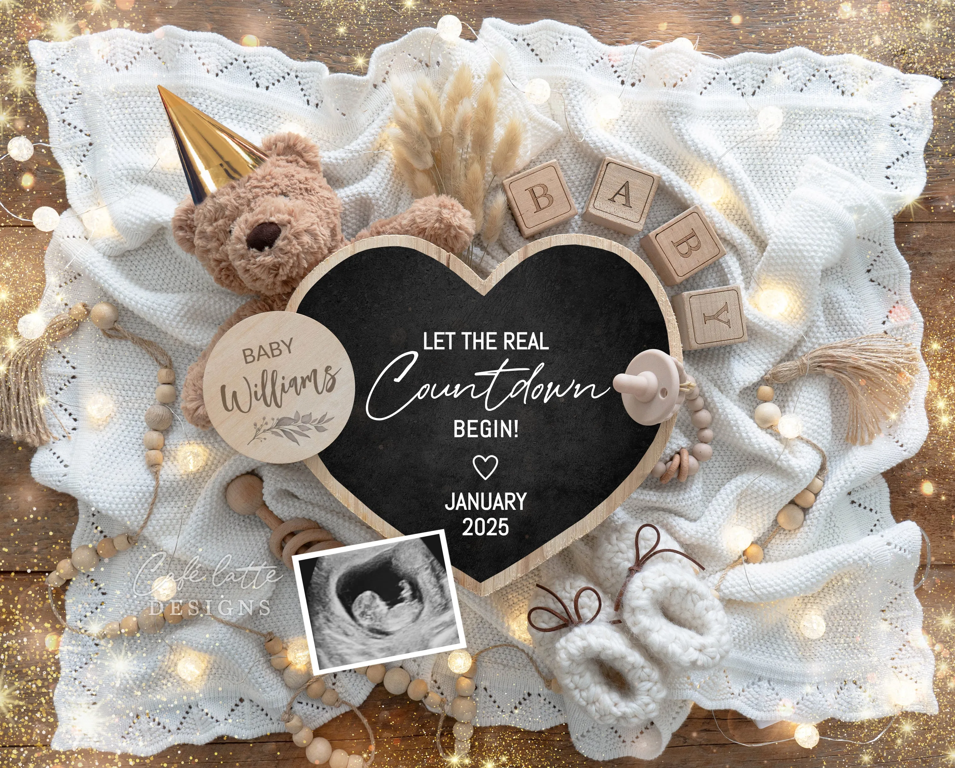 New Years Digital Baby Announcement - Bear Gold Hat - Countdown