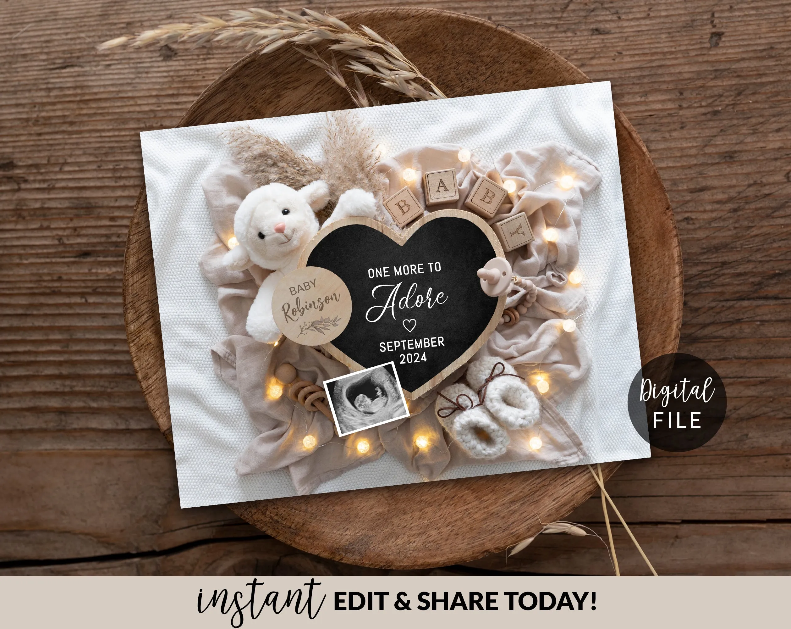 New Years Digital Baby Announcement - Gold Ornaments Heart - Secret