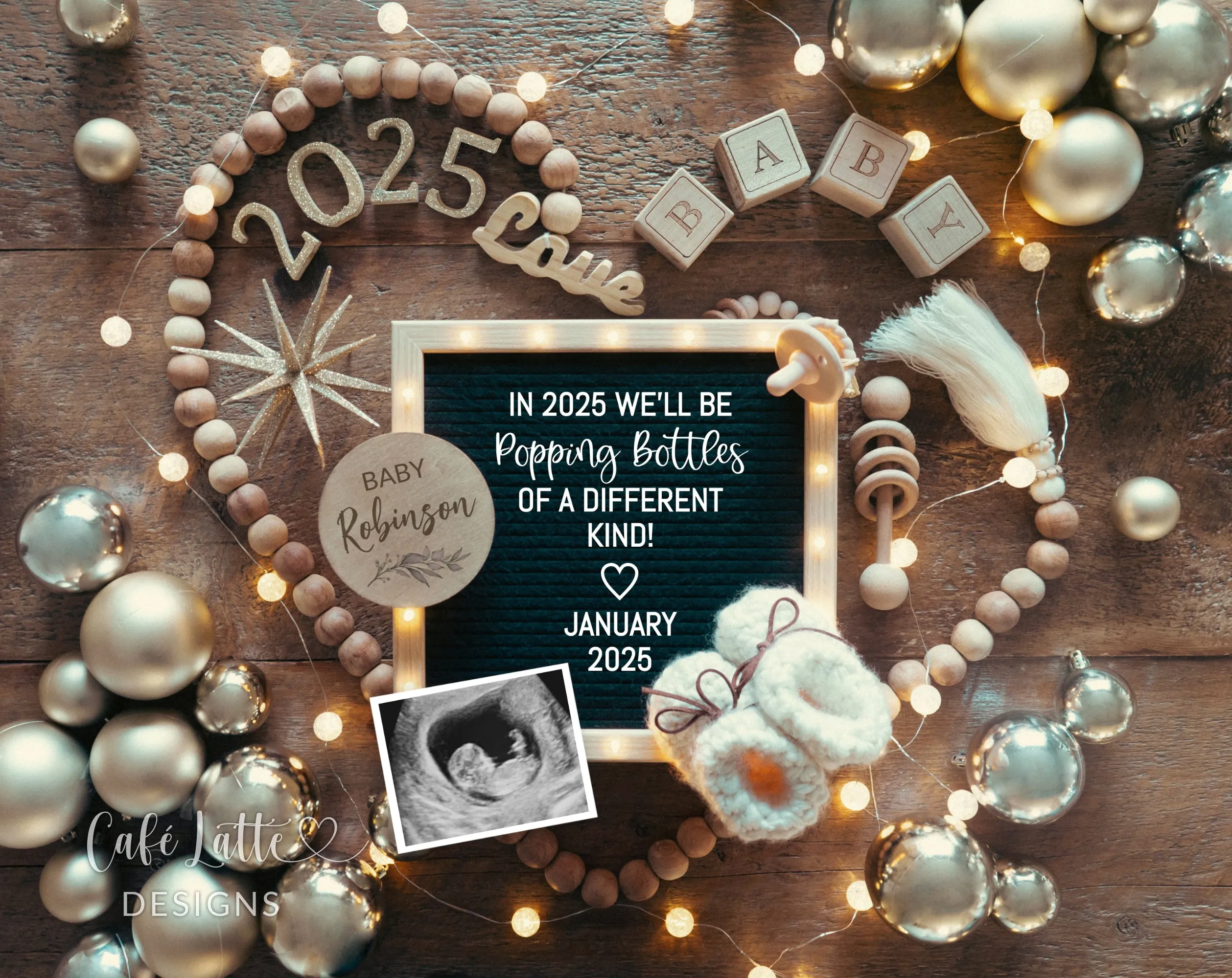 New Years Digital Baby Announcement - Gold Ornaments Heart