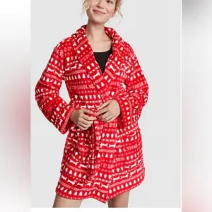 NWT PINK Victoria’s Secret Fluffy Robe Red Pepper Christmas Print Size XL/XXL