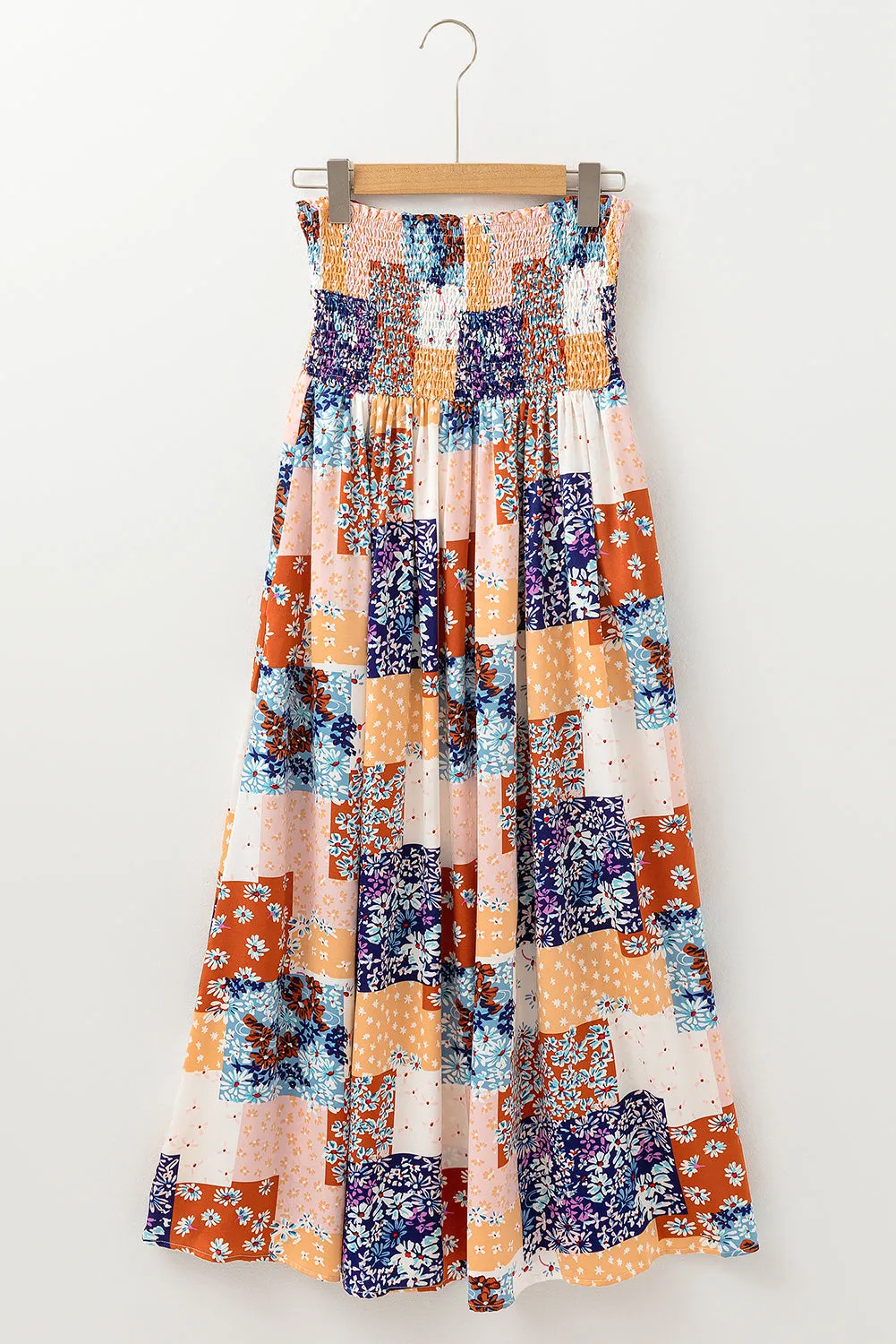Orange Floral Patchwork Printed Frilled Bandeau Smocked High Waist Long Dress