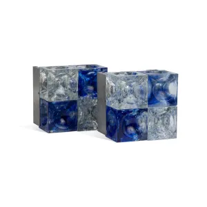 Pair Of Blue and Clear Glass Cube Sconces by Poliarte