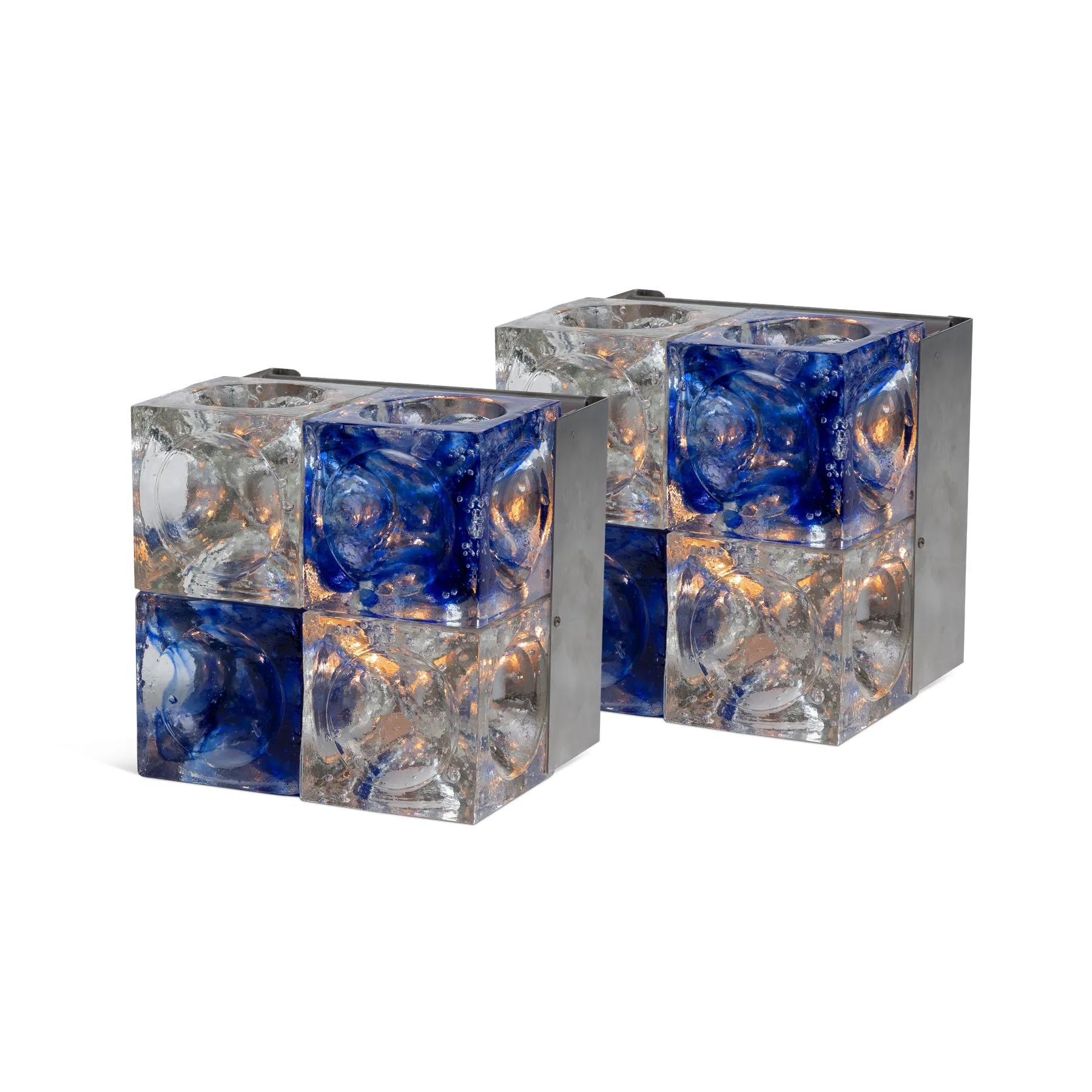 Pair Of Blue and Clear Glass Cube Sconces by Poliarte