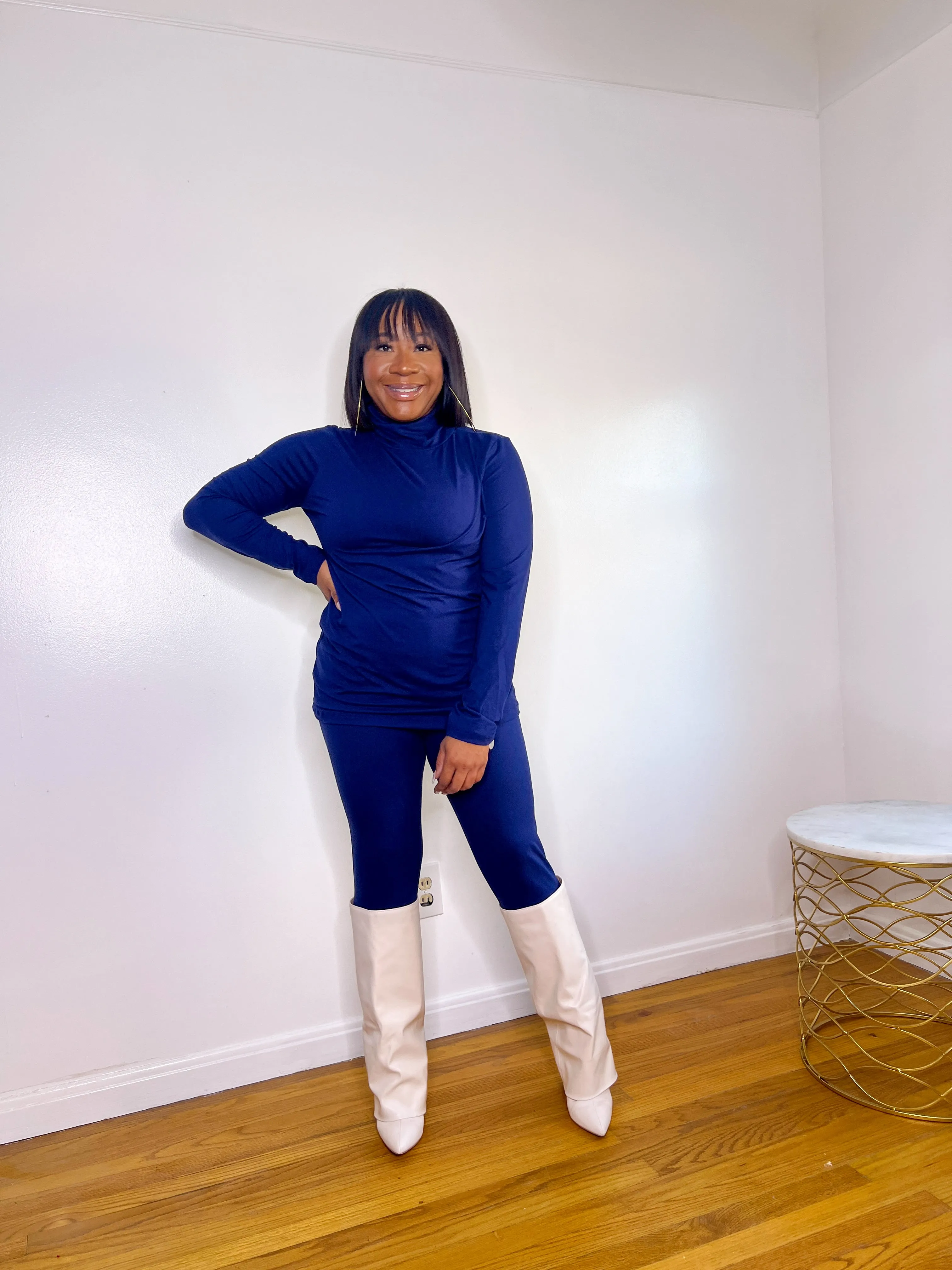 [Plus] Microfiber Mock Neck Legging Sets- Navy
