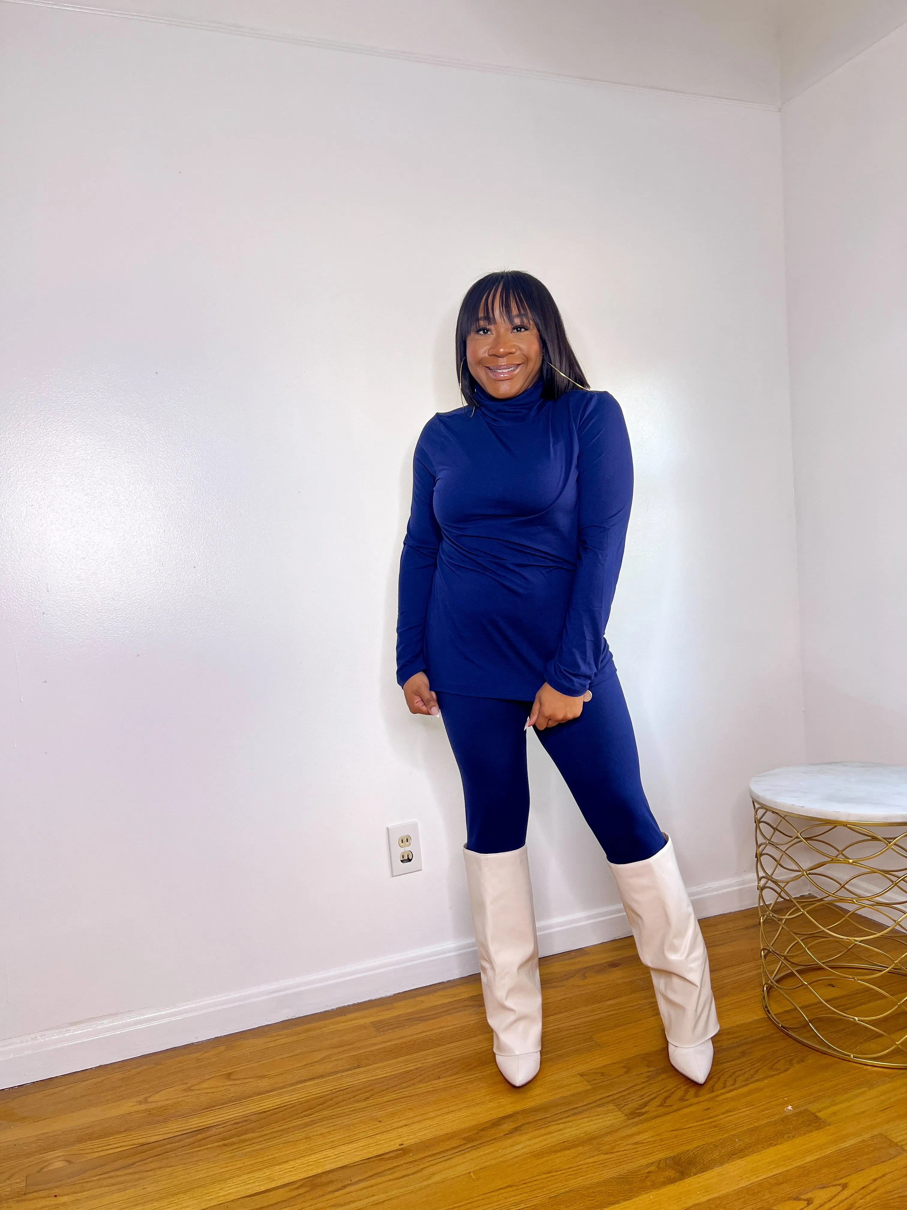 [Plus] Microfiber Mock Neck Legging Sets- Navy