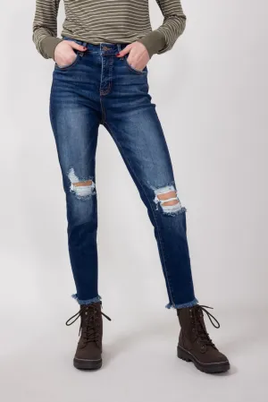 Risen Dark Wash High Rise Distressed Skinny Jeans for Women | RDP5899-DK
