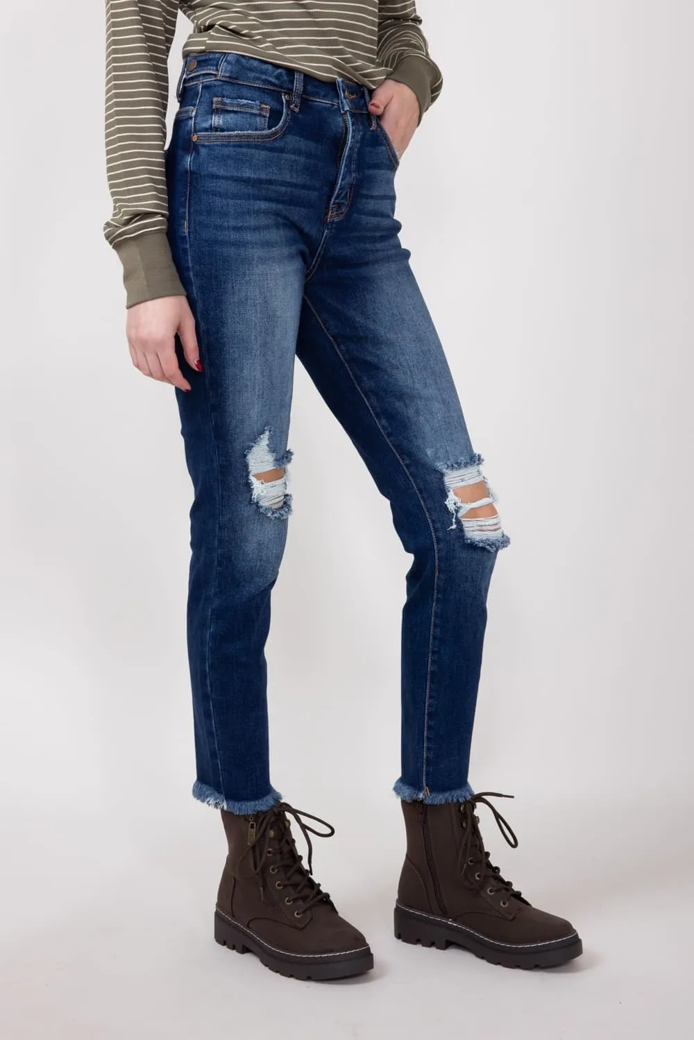 Risen Dark Wash High Rise Distressed Skinny Jeans for Women | RDP5899-DK